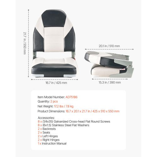 Boat Seat High Backrest Folding Fishing Boat Seat with Thickened Sponge