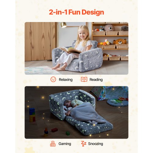 2in1 Kids Sofa Foldable Toddler Soft Couch with Armrests Glow in the Dark Kids