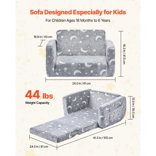 2in1 Kids Sofa Foldable Toddler Soft Couch with Armrests Glow in the Dark Kids