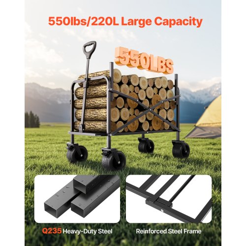 Collapsible Folding Wagon 550lb Load 220L 2 in 1 Foldable Wagon Cart