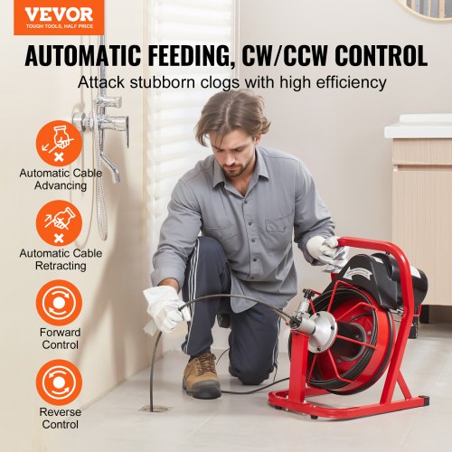 Drain Cleaner Machine 50FT x 310 Inch Auto Feed Sewer Snake Auger