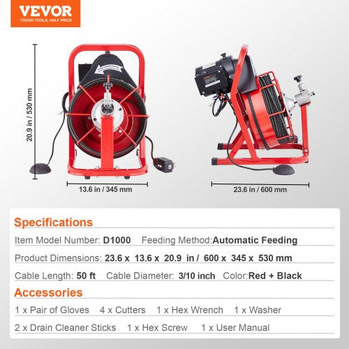 Drain Cleaner Machine 50FT x 310 Inch Auto Feed Sewer Snake Auger