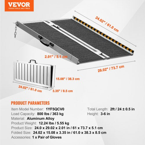 Portable Wheelchair Ramp 2 ft 800 lbs Capacity NonSlip Aluminum Folding