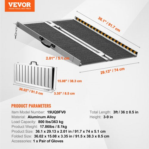 Portable Wheelchair Ramp 3 ft 800 lbs Capacity NonSlip Aluminum Folding