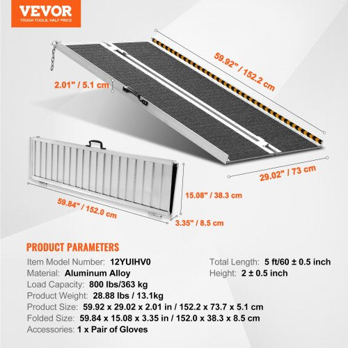 Portable Wheelchair Ramp 5 ft 800 lbs Capacity NonSlip Aluminum Folding
