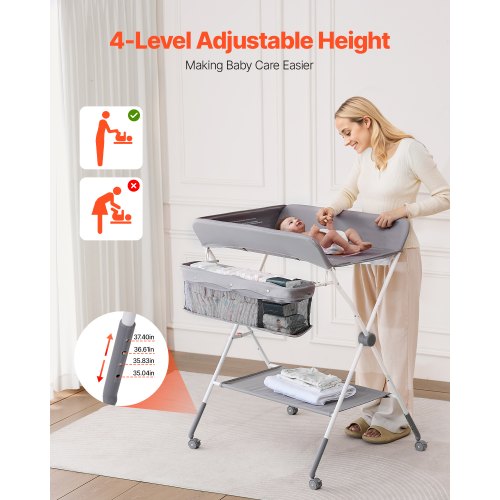 Foldable Baby Changing Diaper Station with Side Basket Wheels Light Gray – 4