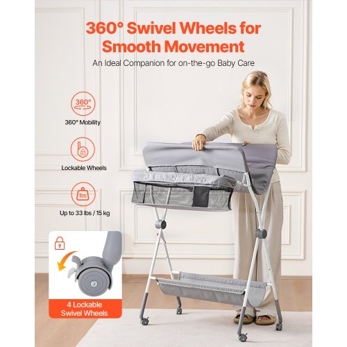 Foldable Baby Changing Diaper Station with Side Basket Wheels Light Gray – 4