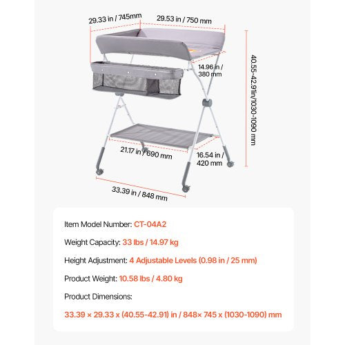 Foldable Baby Changing Diaper Station with Side Basket Wheels Light Gray – 4