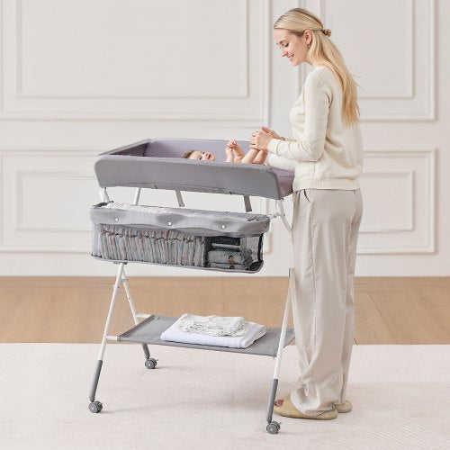 Foldable Baby Changing Diaper Station with Side Basket Wheels Light Gray – 4