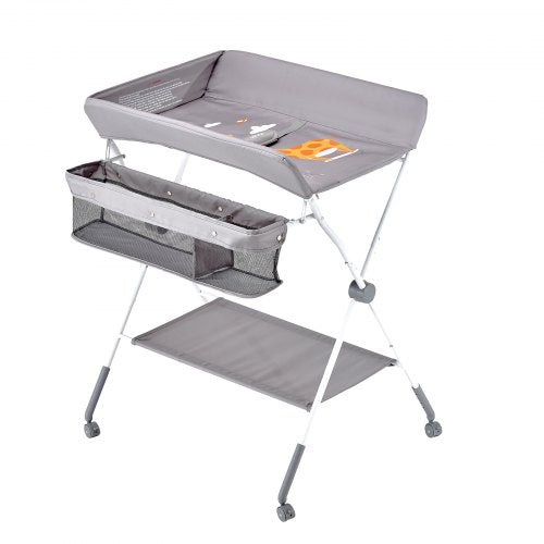 Foldable Baby Changing Diaper Station with Side Basket Wheels Light Gray – 4