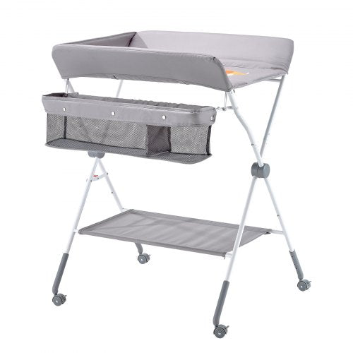 Foldable Baby Changing Diaper Station with Side Basket Wheels Light Gray – 4