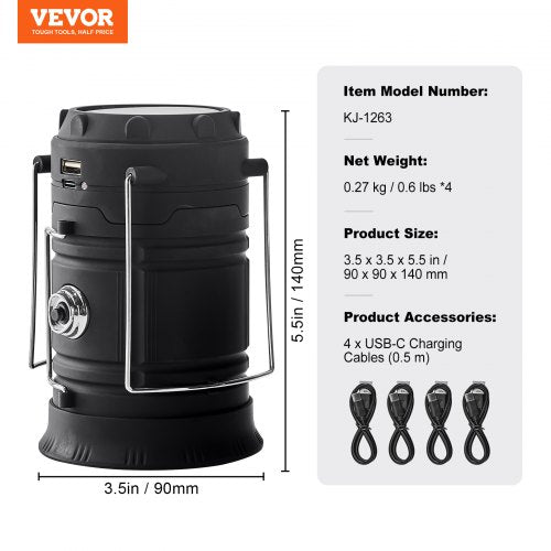 LED Camping Lanterns 4 Pack Rechargeable Camping Flashlights Solar USB