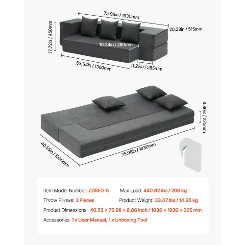 Folding Sofa Bed 3in1 Foldable Couch Bed with 3 Pillows and Washable