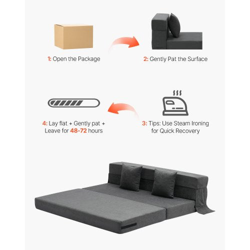 Folding Sofa Bed 3in1 Foldable Couch Bed with 2 Pillows and Washable