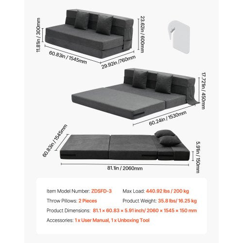 Folding Sofa Bed 3in1 Foldable Couch Bed with 2 Pillows and Washable