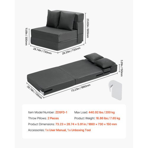 Folding Sofa Bed 3in1 Foldable Couch Bed with 2 Pillows and Washable