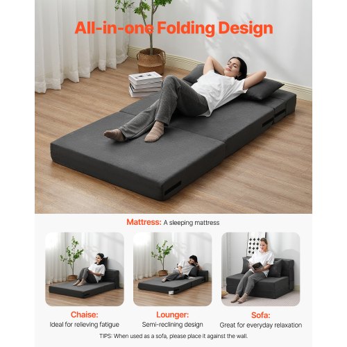 Folding Sofa Bed 3in1 Foldable Couch Bed with 2 Pillows and Washable