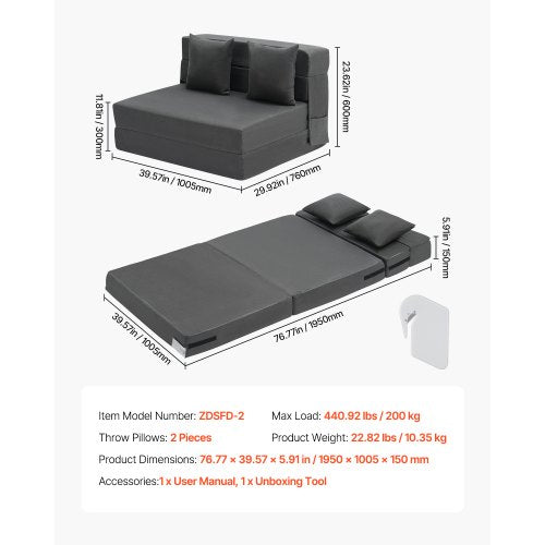 Folding Sofa Bed 3in1 Foldable Couch Bed with 2 Pillows and Washable