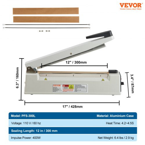 Impulse Sealer 12 inch Manual Heat Sealing Machine with Adjustable Heating
