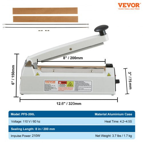 Impulse Sealer 8 inch Manual Heat Sealing Machine with Adjustable Heating