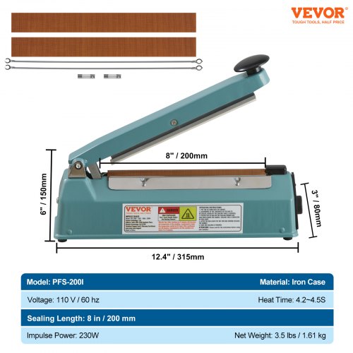 Impulse Sealer 8 inch Manual Heat Seal Machine with Adjustable Heating
