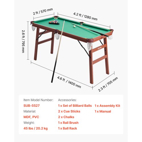 Folding Pool Table 4.5 ft Portable Billiards Tables Foldable SpaceSaving