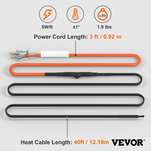 SelfRegulating Pipe Heating Cable 40FT 5WFT Heat Tape for Pipes Freeze