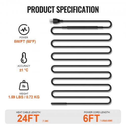 SelfRegulating Pipe Heating Cable 24FT 5WFT Heat Tape for Pipes Roof