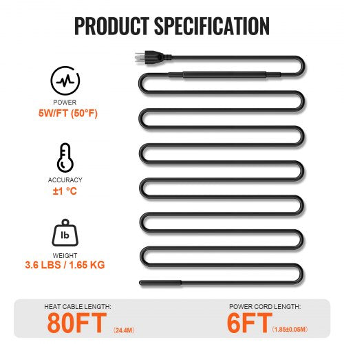 SelfRegulating Pipe Heating Cable 80FT 5WFT Heat Tape for Pipes Roof