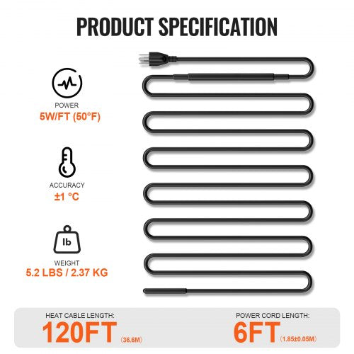 SelfRegulating Pipe Heating Cable 120FT 5WFT Heat Tape for Pipes Roof