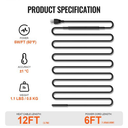 SelfRegulating Pipe Heating Cable 12FT 5WFT Heat Tape for Pipes Roof