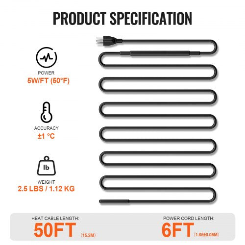 SelfRegulating Pipe Heating Cable 50FT 5WFT Heat Tape for Pipes Roof