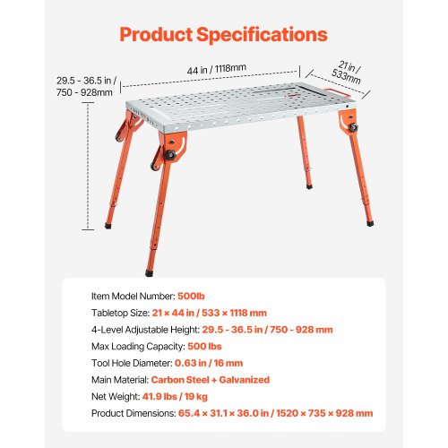 Foldable Welding Table 44 x 21 500LBS Capacity Welding Workbench with 4Level