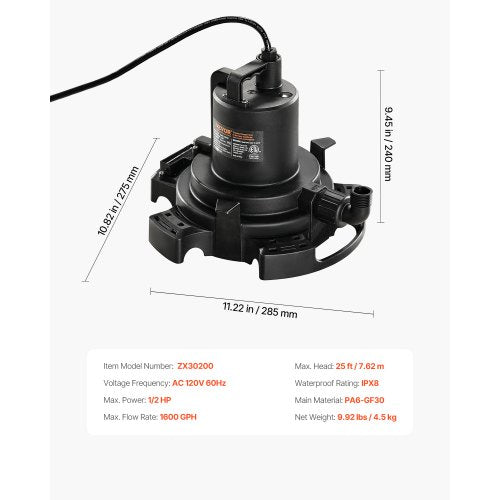 Automatic Pool Cover Pump 12 HP 1600 GPH 120V Submersible Swimming Pool