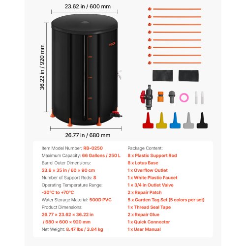 Collapsible Rain Barrel 66 Gallon Portable Rain Water Collection Barrel