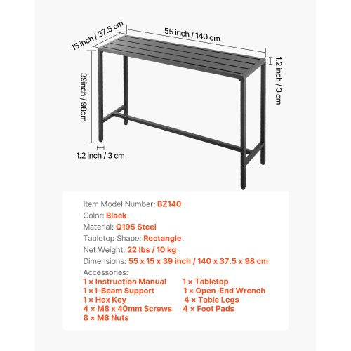 Outdoor Bar Table 55 x 15 in Patio Bar Table Waterproof Top Sturdy Metal