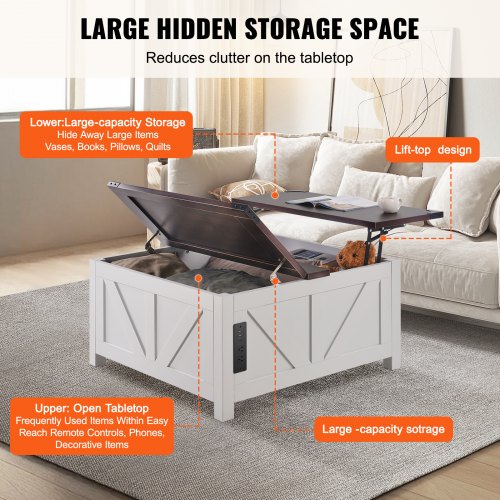 36 Farmhouse Coffee Table Hinged Lift Top Square Coffee Table with Builtin