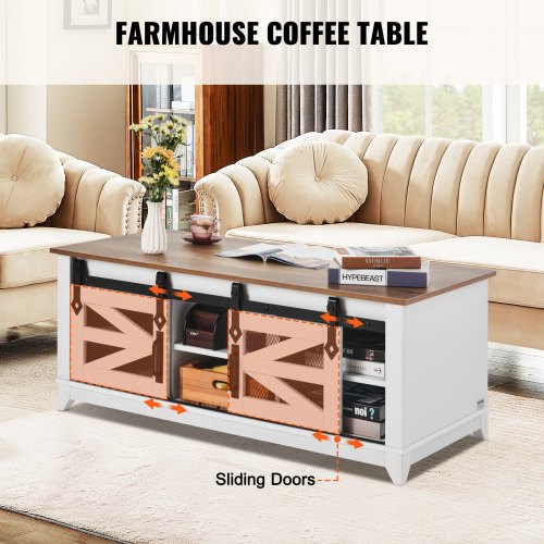 48 Farmhouse Coffee Table Rectangle Coffee Table with 2 Sliding Barn