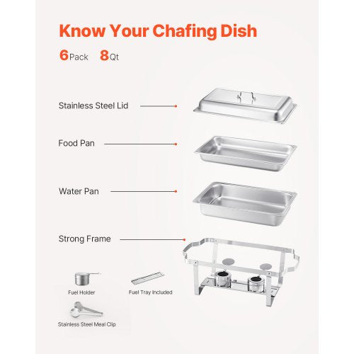 Chafing Dish Buffet Set 8 Qt 6 Pack Stainless Steel Chafer with 6 Full