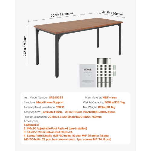 Rectangle Dining Table 71 inch Length Large Wood Tables for 68 Person