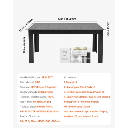 Rectangle Dining Table 63 inch Length Large Wood Tables for 46 Person