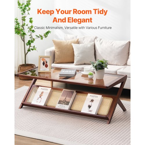 Rattan Coffee Table ZShaped Rattan Woven Bamboo Coffee Table with Tempered