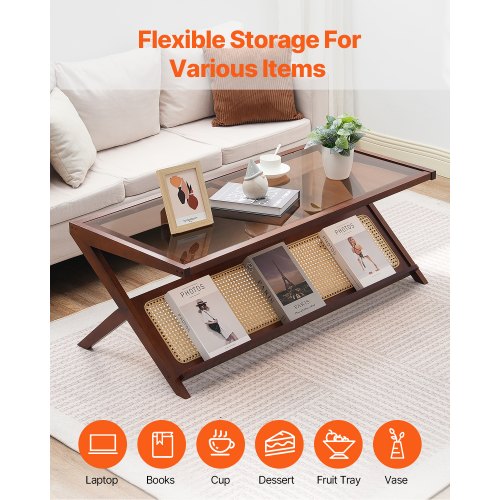 Rattan Coffee Table ZShaped Rattan Woven Bamboo Coffee Table with Tempered