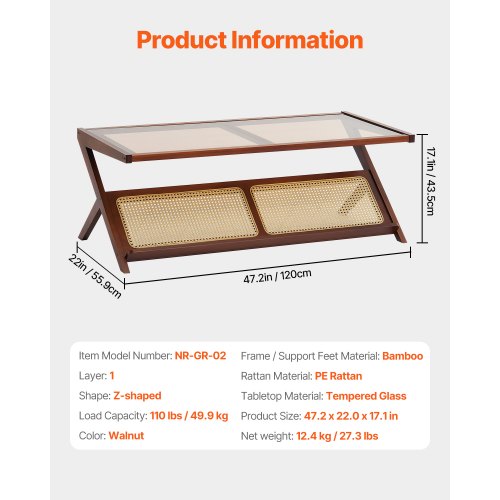 Rattan Coffee Table ZShaped Rattan Woven Bamboo Coffee Table with Tempered