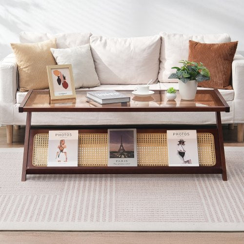 Rattan Coffee Table ZShaped Rattan Woven Bamboo Coffee Table with Tempered