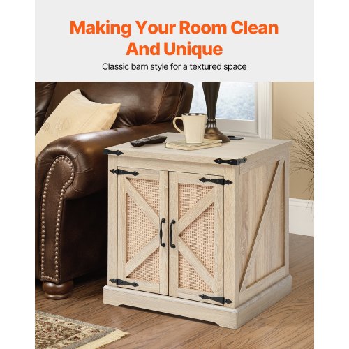 Farmhouse End Table Rectangle PE Rattan Woven Wood Coffee Table 24Inch