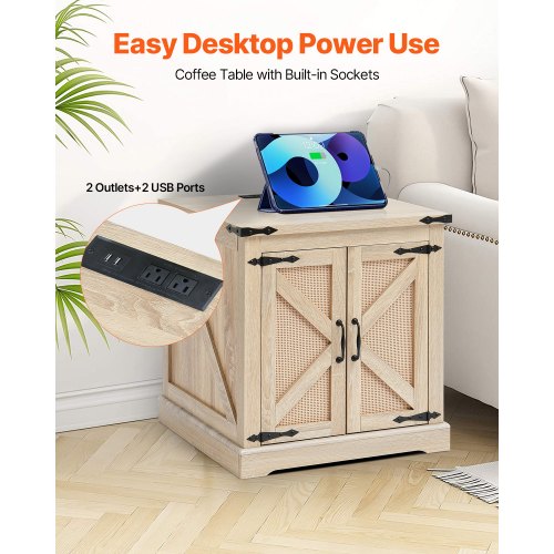 Farmhouse End Table Rectangle PE Rattan Woven Wood Coffee Table 24Inch