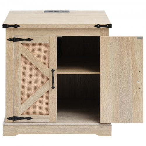 Farmhouse End Table Rectangle PE Rattan Woven Wood Coffee Table 24Inch