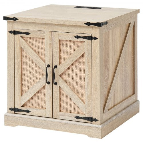 Farmhouse End Table Rectangle PE Rattan Woven Wood Coffee Table 24Inch