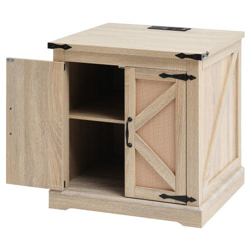 Farmhouse End Table Rectangle PE Rattan Woven Wood Coffee Table 24Inch